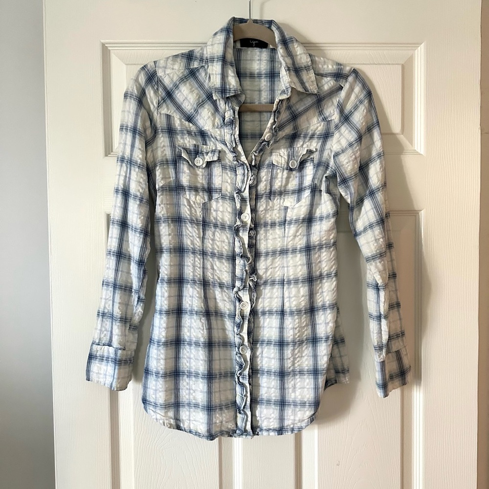 Aqua Blue and White Plaid Button Down Shirt
